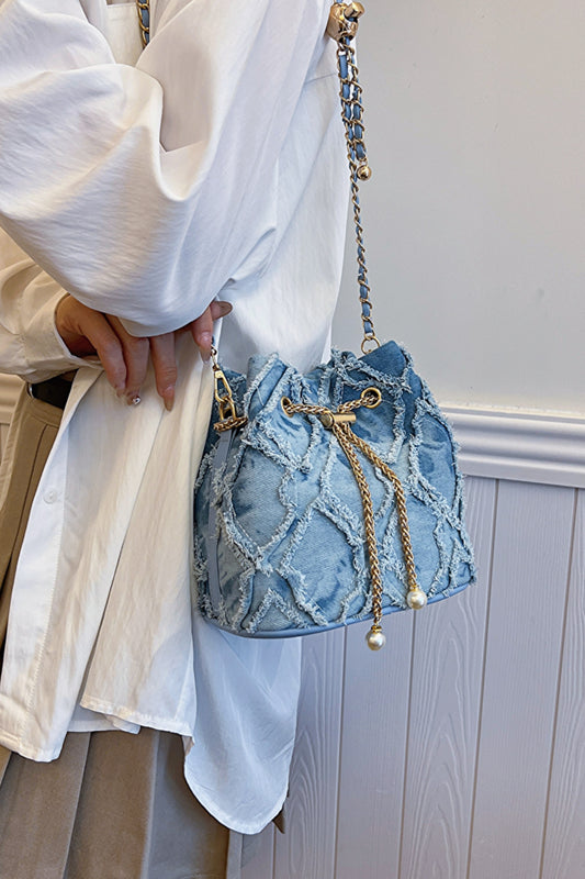 Chain Drawstring Raw Edge Denim Bucket Bag Chain Drawstring Raw Edge Denim Bucket Bag