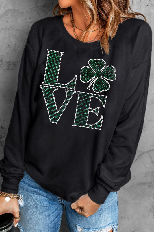 LOVE Rhinestone Clover Round Neck Sweatshirt LOVE Rhinestone Clover Round Neck Sweatshirt