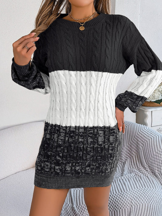 Cable-Knit Round Neck Color Block Sweater Dress Cable-Knit Round Neck Color Block Sweater Dress