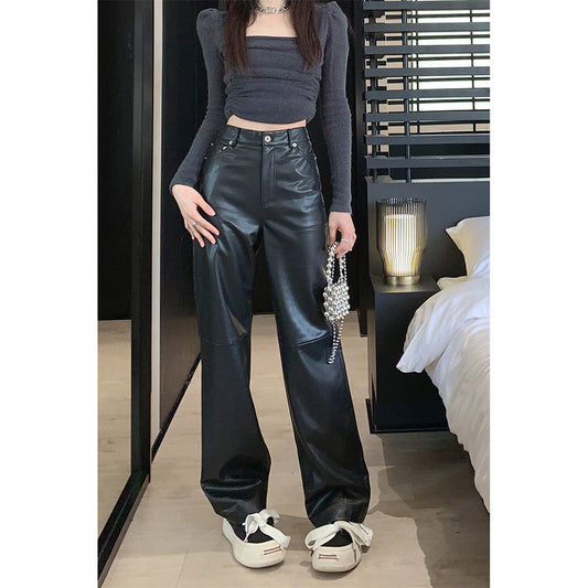 Hong Kong Style High Waist Slimming Sense Of Design Leather Trousers Hong Kong Style High Waist Slimming Sense Of Design Leather Trousers