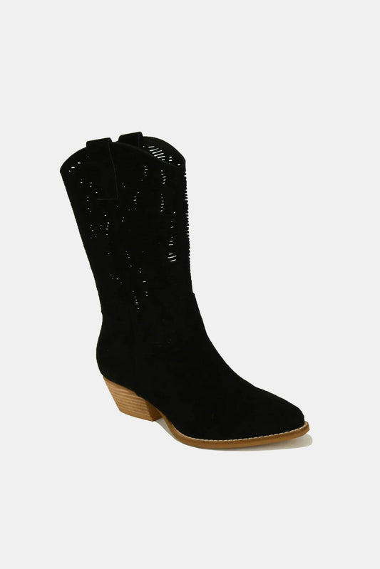 Beast Fashion Faux Suede Laser Cut Detail Block Heel Boots Beast Fashion Faux Suede Laser Cut Detail Block Heel Boots