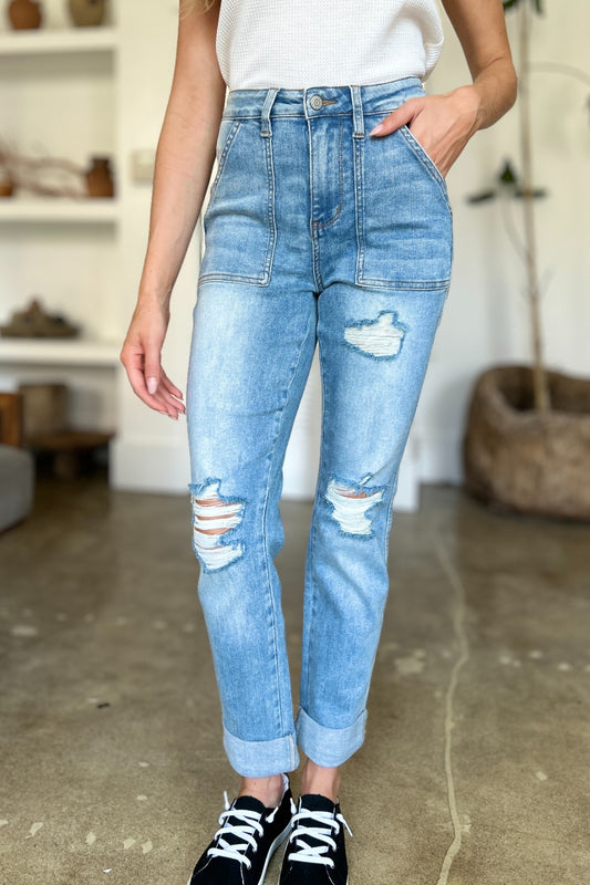Judy Blue Full Size Distressed Straight Jeans with Patch Pockets Judy Blue Full Size Distressed Straight Jeans with Patch Pockets