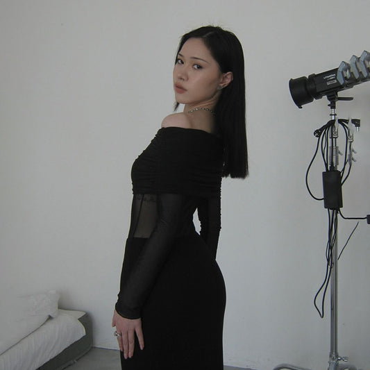 Off-shoulder Mesh Long Sleeve See-through Dress Off-shoulder Mesh Long Sleeve See-through Dress