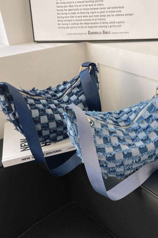 Raw Hem Checkered Denim Crossbody Bag Raw Hem Checkered Denim Crossbody Bag
