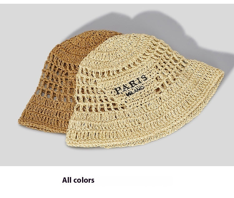 Hollow Grass Hand-made Embroidered Handwriting Beach Sun Pastoral Style Bucket Hat