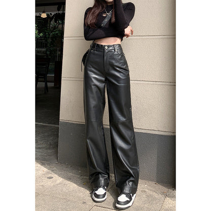 Hong Kong Style High Waist Slimming Sense Of Design Leather Trousers