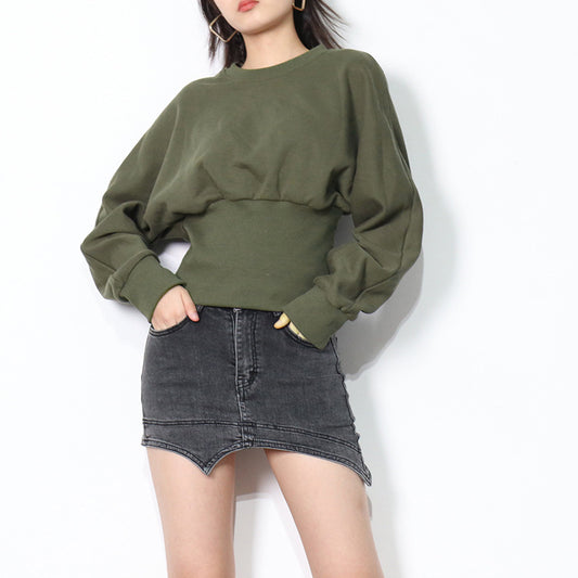 Dark Green Round Neck Pullover Commuter Waist Trimming Short Sweater