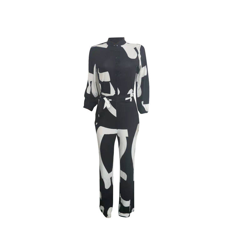 European And American Women's Clothing Elegant Cardigan Stitching Printing Jumpsuit