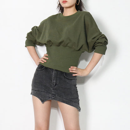 Dark Green Round Neck Pullover Commuter Waist Trimming Short Sweater