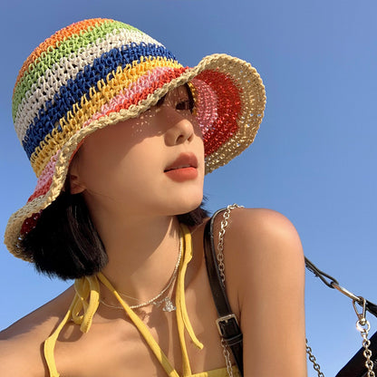 Rainbow Straw Bucket Hat Women's Summer Breathable Sun-proof Sun Protection