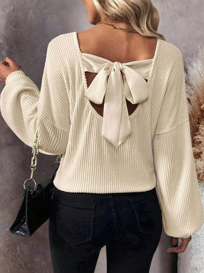 Bow Back V-Neck Drop Shoulder Blouse
