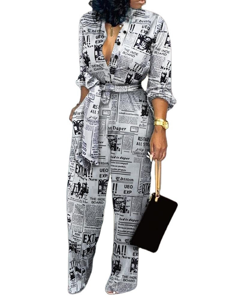 European And American Women's Clothing Elegant Cardigan Stitching Printing Jumpsuit