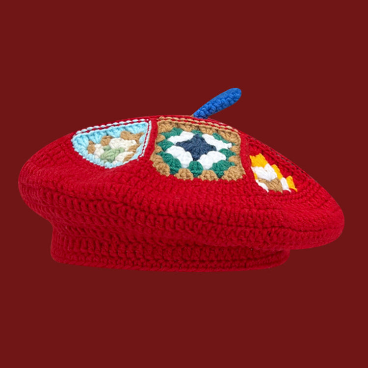 Hand-woven Flower Contrast Color Knitted Hat Women