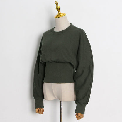 Dark Green Round Neck Pullover Commuter Waist Trimming Short Sweater