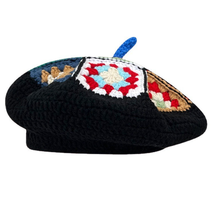 Hand-woven Flower Contrast Color Knitted Hat Women