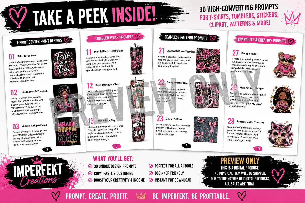 Imperfekt POD Prompt Pack | 30 T-Shirt & Sublimation Design Prompts