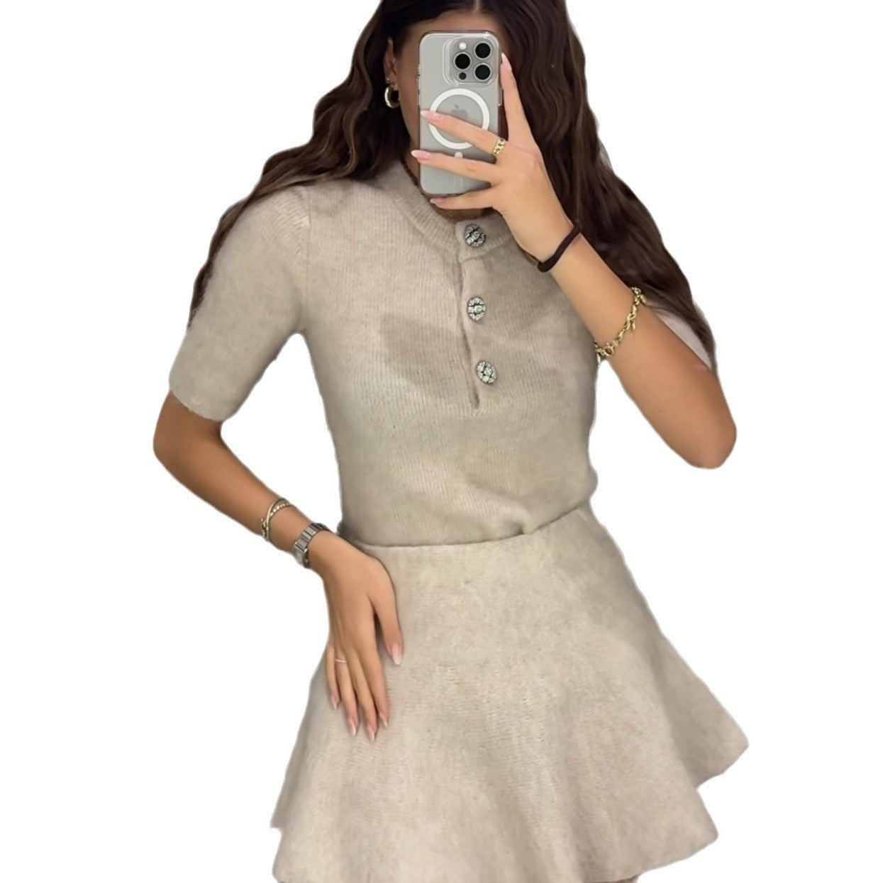 Women's Round Neck Short Sleeve Sweater Skirt Suit