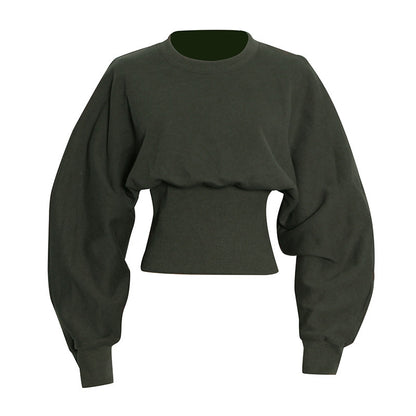 Dark Green Round Neck Pullover Commuter Waist Trimming Short Sweater