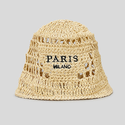 Hollow Grass Hand-made Embroidered Handwriting Beach Sun Pastoral Style Bucket Hat