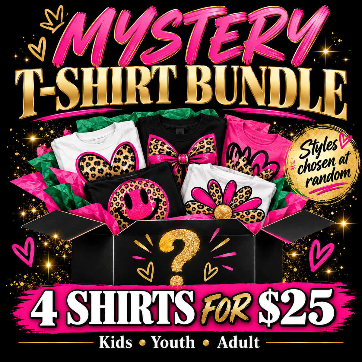 Mystery T-Shirt Bundle - 4 Shirts for $25, mostly adult assorted sizes